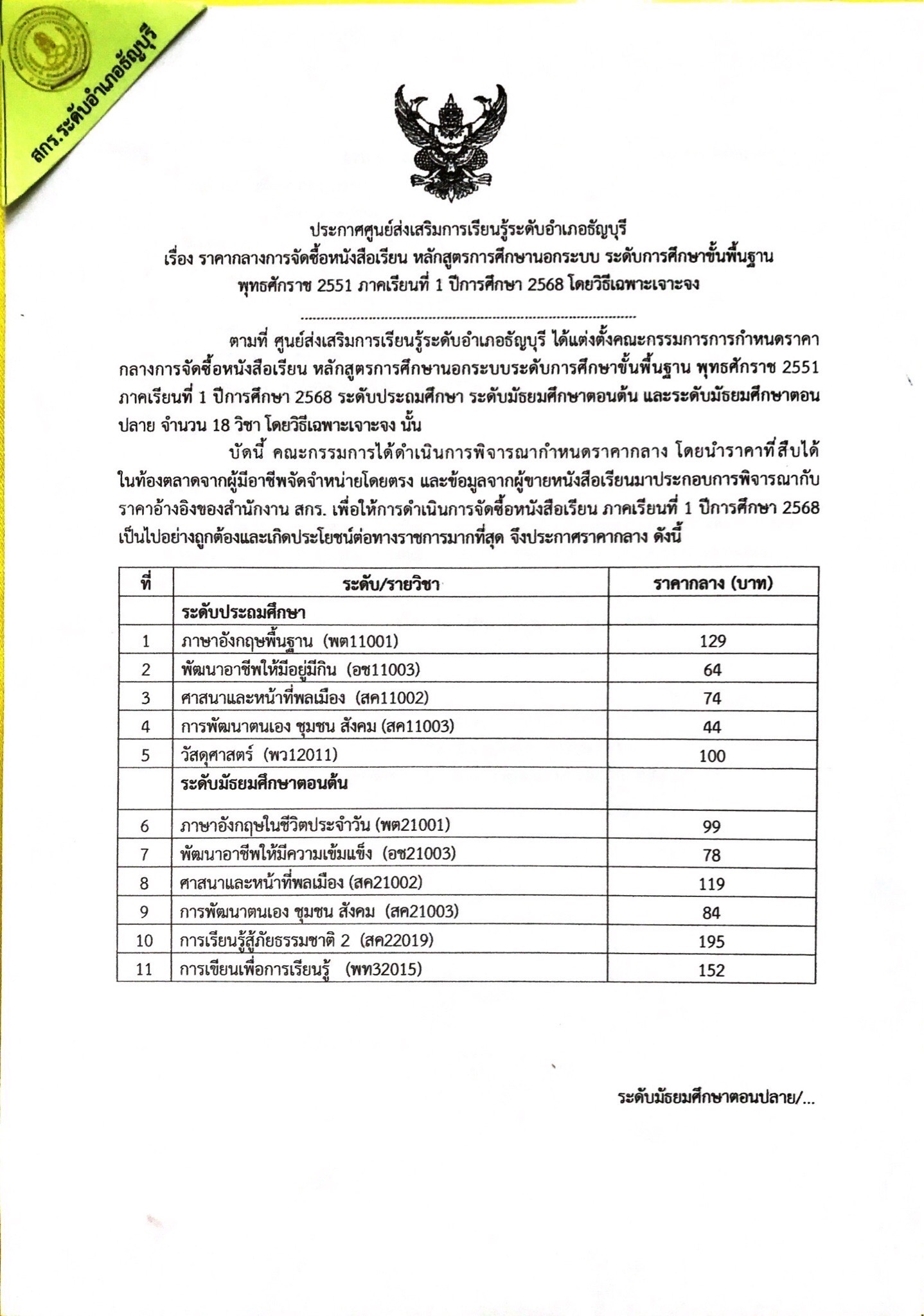 ประกาศศูนย์ส่งเสริมการเรียนรู้ระดับอำเภอธัญบุรี เรื่อง ราคากลางการจัดซื้อหนังสือเรียน หลักสูตรการศึกษานอกระบบ ระดับการศึกษาชั้นพื้นฐาน พุทธศักราช 2551 ภาคเรียนที่ 1 ปีการศึกษา 2568  โดยวิธีเฉพาะเจาะจง